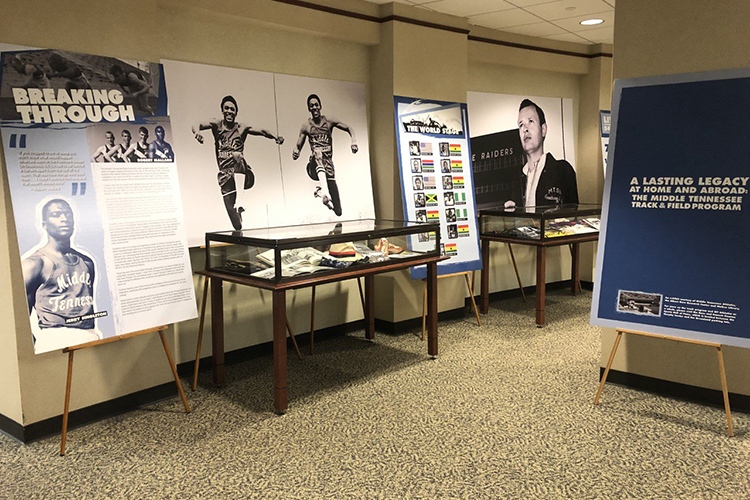 The MT Athletics exhibit on the first floor of MTSU’s James E. Walker Library focused on internationally renowned coach Dean Hayes and the team’s stellar history through its 5-plus decades. The exhibit, which was the first in a partnership between the library, MTSU Athletics, the Blue Raider Hall of Fame and the Albert Gore Research Center. (File photo courtesy of the Blue Raider Hall of Fame)