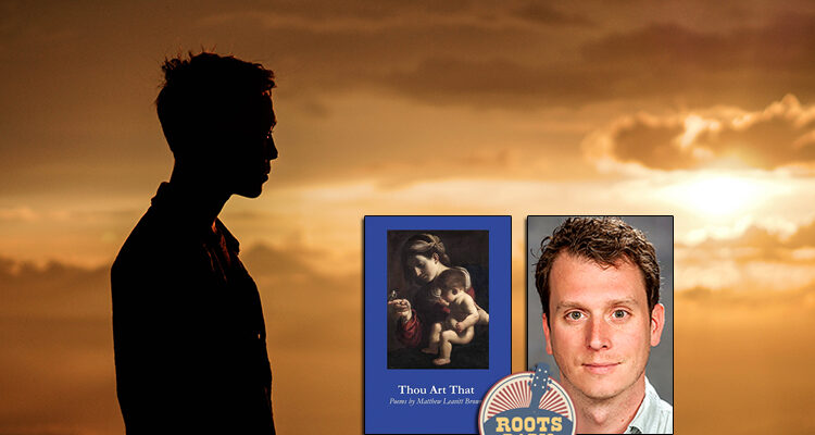 MTSU lecturer Matthew L. Brown with his new poetry collection’s cover, “Thou Art That,” plus the logo for WMOT-FM, superimposed over a Pexels photo of a man silhouetted by the sunset.
