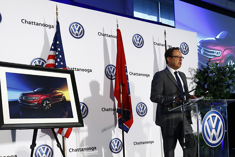 Volkswagen North America Region CEO Hinrich Woebcken speaks at the announcement of the new five-seat Atlas SUV at Volkswagen Chattanooga on Monday, March 19, 2018, in Chattanooga, Tenn. (Wade Payne/AP Images for Volkswagen)