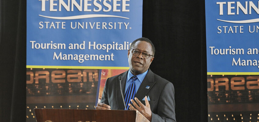 MTSU President Sidney A. McPhee makes a point Thursday, March 21, at the Omni Nashville Hotel during the announcement of MTSU's new Tourism and Hospitality Management Bachelor of Science Degree Program, the only college degree track of its kind in Middle Tennessee. The new program will prepare graduates for a wide variety of careers, including travel and tourism services, food and beverage services, entertainment, concerts and festivals, travel transportation and more. (MTSU photo by Andy Heidt)