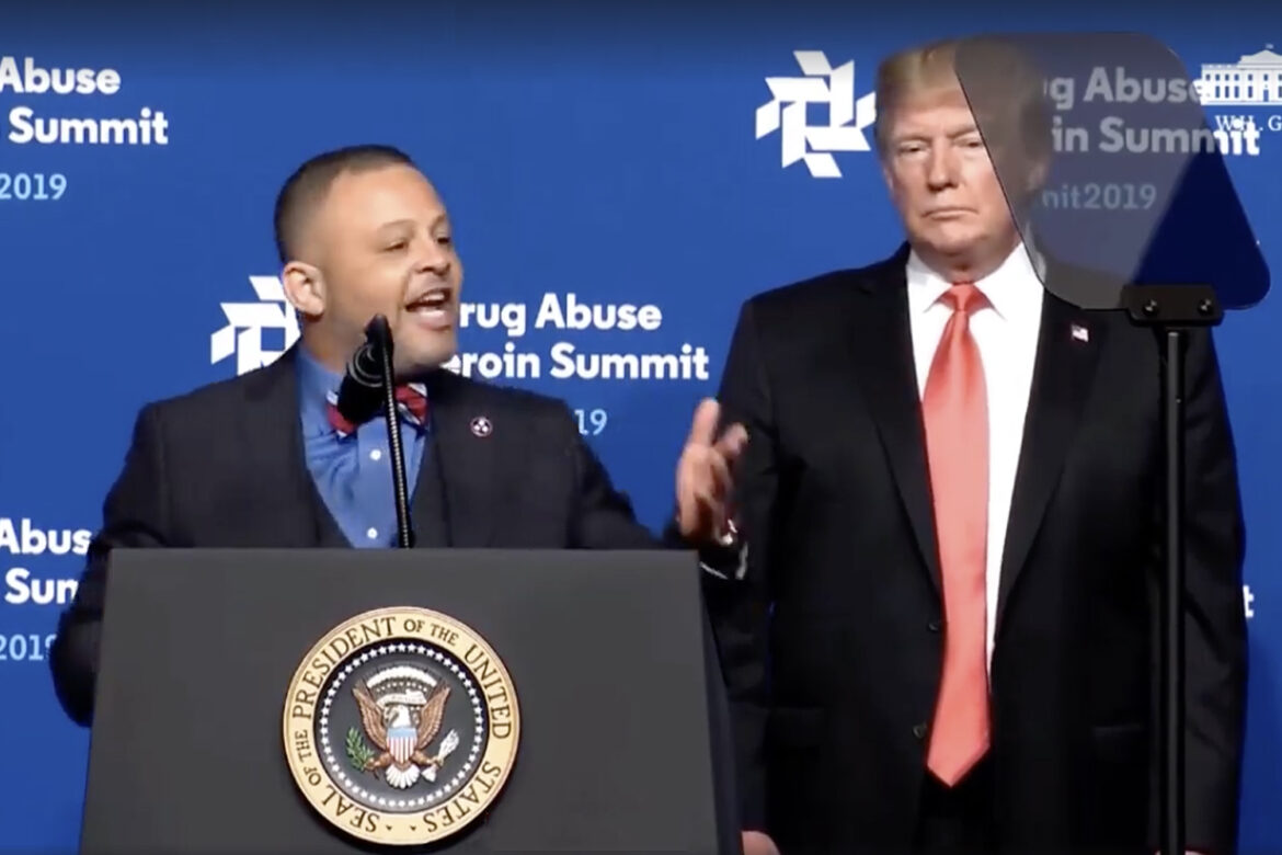 MTSU alumnus Monty Burks, left, shares his personal story Wednesday, April 24, at the Rx Drug Abuse and Heroin Summit in Atlanta, Ga, at the invitation of President Donald Trump, right. Burks is director of Faith-Based Initiatives/Division of Substance Abuse at the Tennessee Department of Mental Health and Substance Abuse Services. (Photo courtesy of C-SPAN)