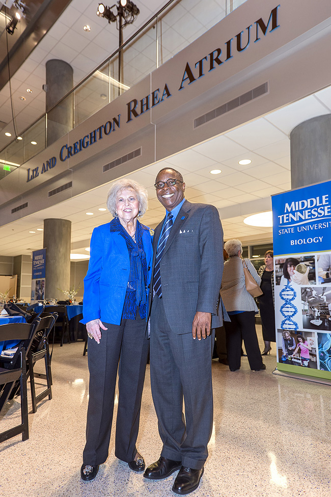 During an October 2014 Science Building Donors Recognition Dinner, Dr. Liz Rhea, left, and MTSU President Sidney A. McPhee are shown in the Liz and Creighton Rhea Atrium on the first floor of the building. Liz Rhea, an MTSU and community philanthropist, died Thursday, May 30. (MTSU file photo by J. Intintoli)