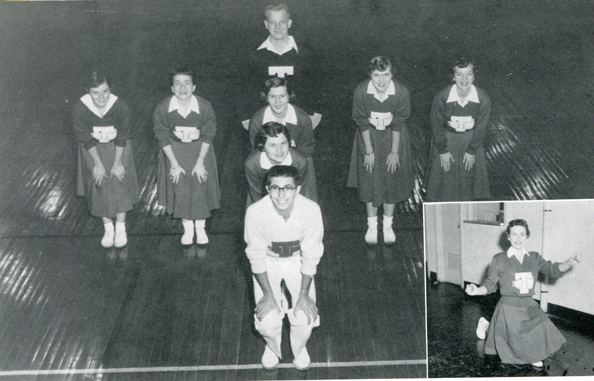 Liz (Hay) Rhea, second from right in group photo, poses with other Middle Tennesseee State College cheerleaders in this mid-1950s photo in Alumni Memorial Gym. The 1955 graduate became a medical doctor. Rhea died Thursday, May 30. (Submitted photo)