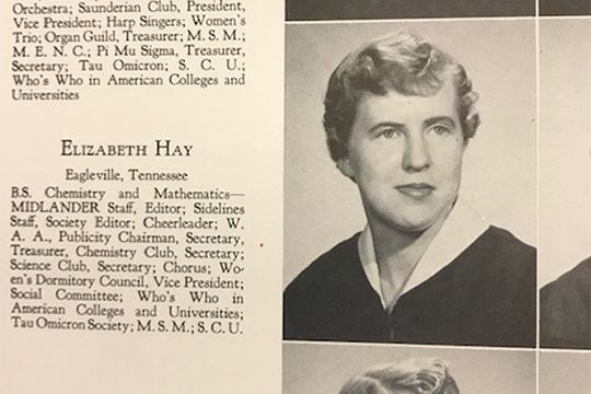 One of MTSU’s most loyal alumni, Dr. Liz Rhea proudly displays hwe “I AM true BLUE” sign during a university Capital Campaign luncheon. The Murfreesboro resident and Eagleville, Tenn., native died Thursday, May 30. (MTSU file photo by Andy Heidt)