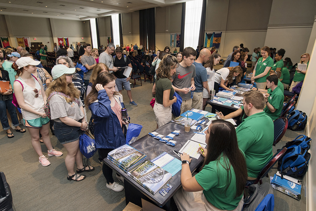Along with their parents, new MTSU students who started classes last fall wait to receive information from Student Orientation Assistants in May 2018 in the Tennessee Room of the James Union Building on the first day of freshman orientation. Two months of freshmen orientation will start Thursday and Friday, May 16-17, for the fall 2109 semester. 