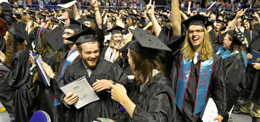 The May 2019 MTSU commencement in Murphy Center sent more than 2,500 graduates either into the workforce or on to graduate school. MTSU’s College of Graduate Studies is offering a limited number of very reduced application fees for summer and fall to make that decision quite a bit easier. (MTSU file photo by Andy Heidt)