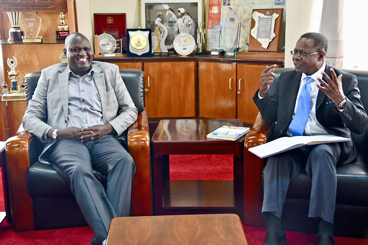 Isaac Kosgey, left, chief executive officer of Moi University in Kenya, welcomes MTSU President Sidney A. McPhee to his campus. The two leaders first met in China in 2018 at a Confucius Institute meeting in Chengdu. (MTSU photo by Andrew Oppmann)