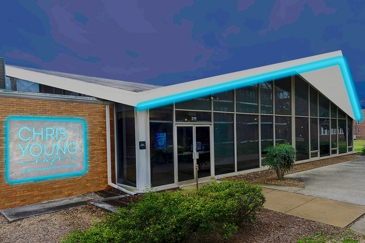 This rendering of the exterior of MTSU's newly renamed Chris Young Café, located at 319 Friendship St. on the south side of the campus, shows the new signage for the revamped facility. The facility, which opened in 1963 as a dining hall sandwiched between dormitories, has been named for the former MTSU student and Grammy-nominated country musician and will be used as a combination eatery and live music space to help train students in the College of Media and Entertainment. (MTSU file photo by J. Intintoli/illustration by Creative Marketing Solutions)