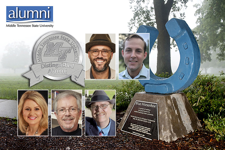 2019-20 MTSU Distinguished Alumni are, clockwise from center left, Jeremy Cowart, Dr. Aaron Shew, Dr. Carroll Van West, G. Edward Hughes and Megan Flippin, superimposed over a photo showing the Blue Horseshoe in an early summer fog. (MTSU file photo by Andy Heidt)