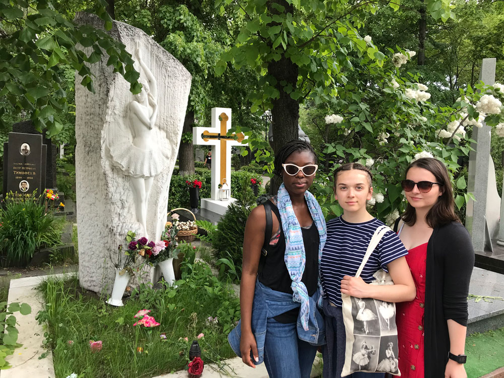 MTSU dance students Natasja Hall, Savannah Cook and Megan Manning visit the Novodevichy Cemetery in Moscow, Russia, to pay tribute to famed Russian dancer Galina Ulanova. (Photo submitted)