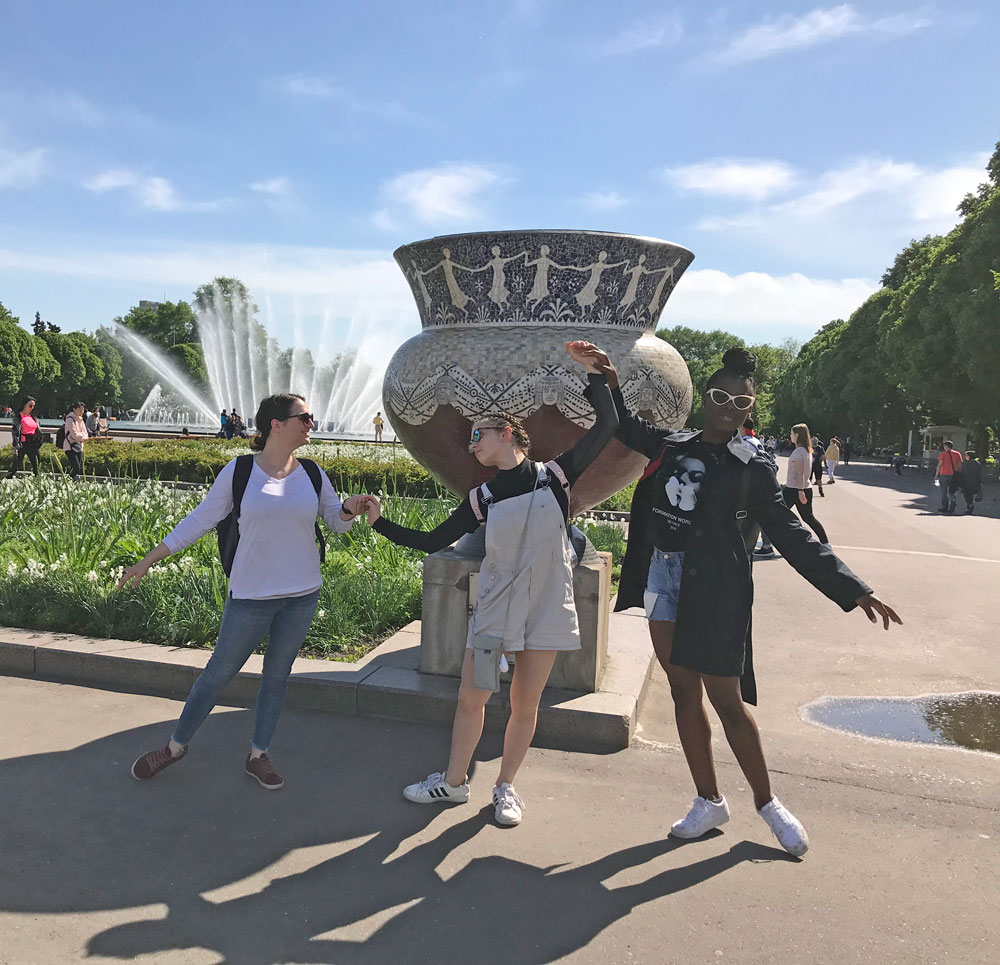 MTSU dance students Megan Manning, Savannah Cook and Natasja Hall strike a pose in Gorky Park, Moscow, Russia on a study-abroad trip. (Photo submitted)