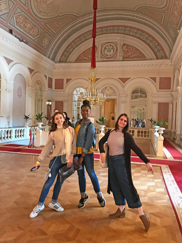 MTSU dance students Savannah Cook, Natasja Hall and Megan Manning visit the famous Bolshoi Theatre in Moscow, Russia. (Photo submitted)