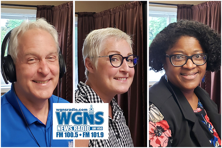 MTSU faculty and staff appeared on WGNS Radio recently to share information with host Bart Walker. Pictured, from left, are Dr. Tony Johnston, agriculture professor and director of the Fermentation Science Program; MTSU Write Director Jennifer Kates, an English instructor in the College of Liberal Arts; and Dr. Leah Tolbert Lyons, associate professor of French and director of the Master of Arts in Liberal Arts program. (MTSU photo illustration by Jimmy Hart)