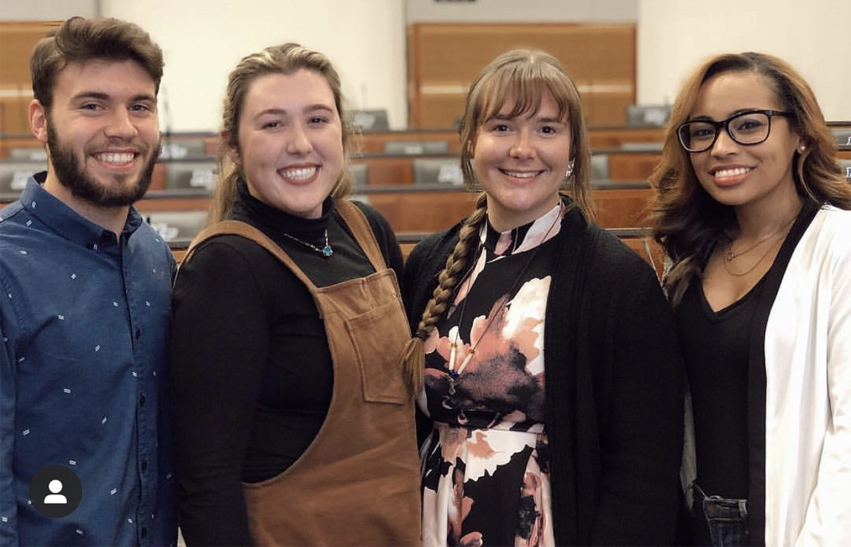 Four members of the 2018-19 Freshman Council Executive Board are shown following a meeting. They include Senate Delegate Jay Blackburn, left, Vice President Brittany Hylton, Secretary Catherine Bolick and President Haven Word. Freshmen can apply to be considered for the 2019-20 council. (Submitted photo by MTSU SGA)