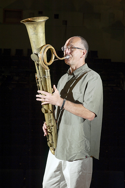 MTSU School of Music professor David Loucky plays a tune on a 19th-century ophicleide, the predecessor of the tuba and euphonium, in this MTSU file photo. Loucky will present a free public concert Sunday, Sept. 15, in Hinton Hall inside the university's Wright Music Building that features French music for brass instruments, including his customary trombone and euphonium. (MTSU file photo by J. Intintoli)