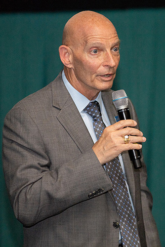 Retired U.S. Army Lt. Gen. Keith Huber, MTSU’s senior adviser for veterans and leadership initiatives, moderates a panel Thursday, Oct. 10, at Regal Hollywood 27 following the screening of “Homemade,” a documentary about the post-deployment struggles of a military veteran that was shown at the Nashville Film Festival. (MTSU photo by James Cessna)