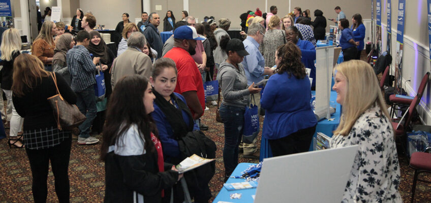 Part of the crowd that attended the Nashville True Blue Tour visit Tuesday, Oct. 22, at the Millennium Maxwell House Hotel. Attendees learned about MTSU’s more than 300 programs, housing, scholarships and more during the two-hour event. (MTSU photo by John Goodwin)