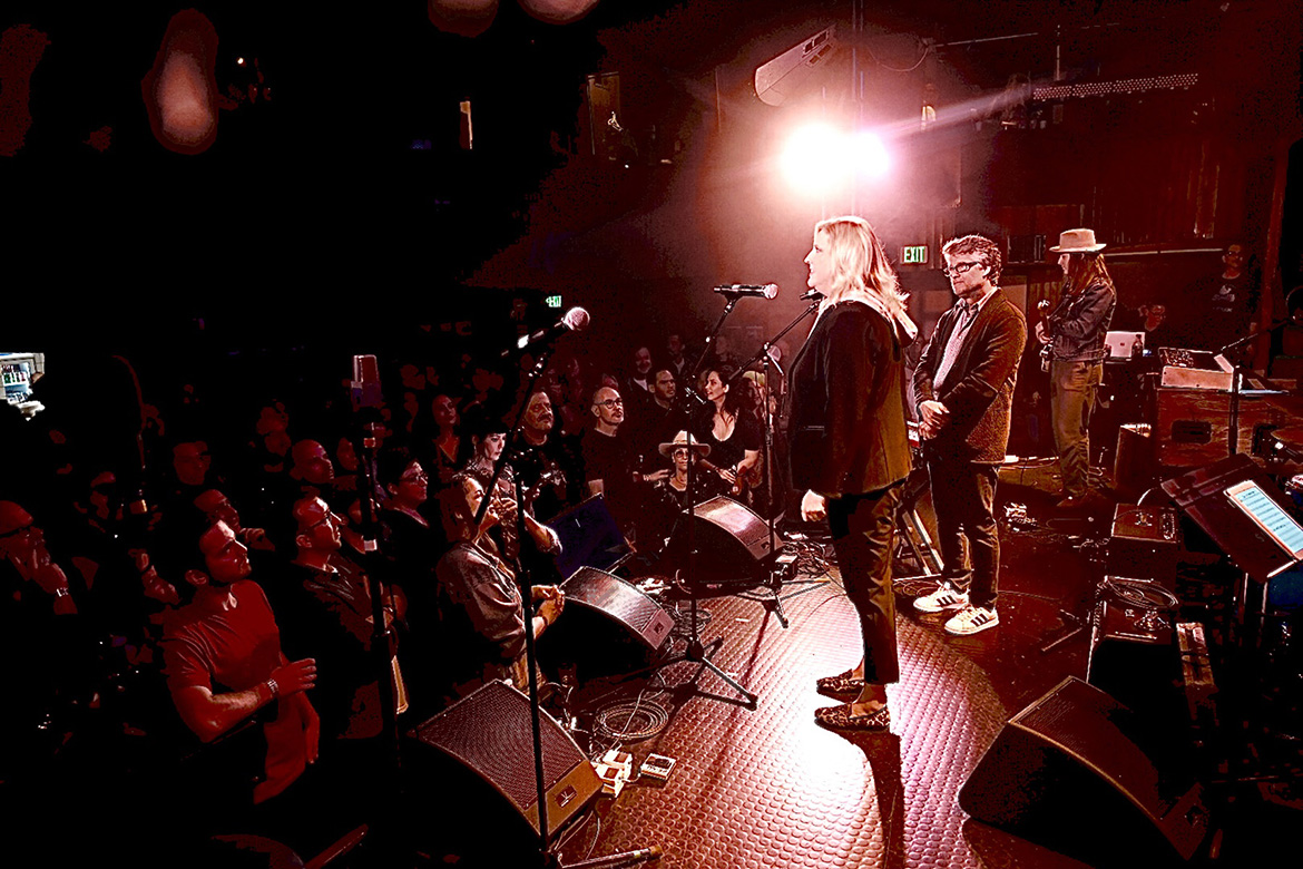 Beverly Keel, new dean of the MTSU College of Media and Entertainment, speaks to the crowd Saturday night at Americana Music Association pre-Grammy tribute to music legend Willie Nelson at the Troubadour in Los Angeles. The concert was held in advance of the 62nd annual Grammy Awards set for Sunday at Staples Center. (MTSU photo by Andrew Oppmann)