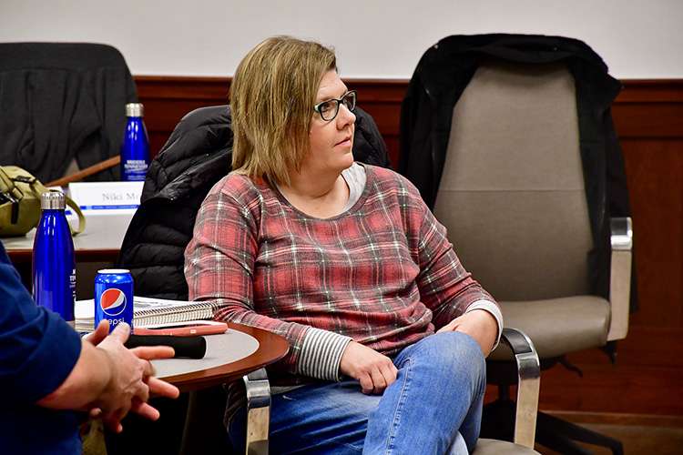 MTSU adult learner Tara Jones Murfreesboro listens to her instructor earlier this month as she began her spring semester classes in Applied Leadership, one of the flexible programs geared toward adult learners that offers online courses combined with intensive on-campus classes. (MTSU photo by Hunter Patterson)