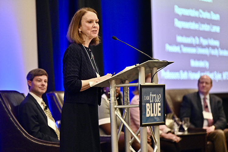 Mary Evins, an associate professor of history in the University Honors College and coordinator of MTSU’s American Democracy Project, introduces a voting panel held Friday, Feb. 21, in the Student Union Ballroom as part of the Middle Tennessee Campus Civic Summit 2020. (MTSU photo by J. Intintoli)