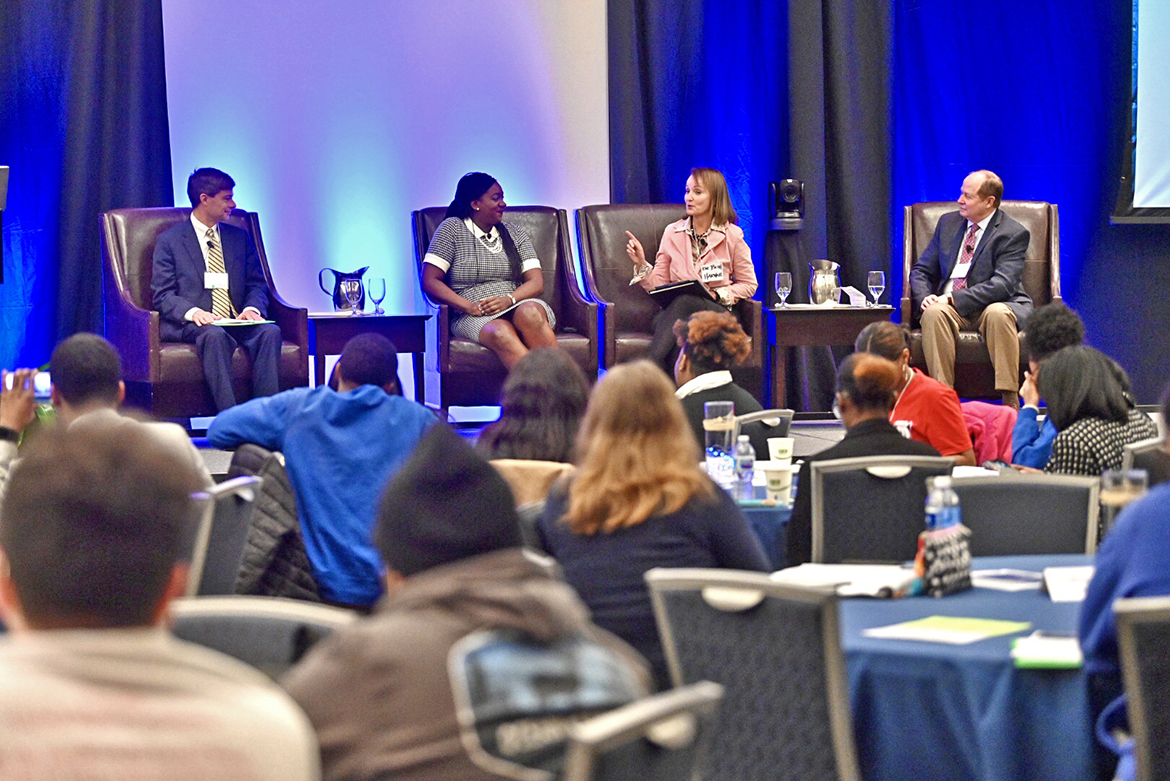 From left, state Reps. Charles Baum, a Republican from Murfreesboro and an MTSU professor of economics, and London Lamar, a Democrat from Memphis, and moderators Beth Harwell, current MTSU Distinguished Visiting Professor and former Tennessee House speaker, and MTSU political science professor Kent Syler conduct a panel on voting Friday, Feb. 21, as part of the Middle Tennessee Campus Civic Summit 2020 at the Student Union. (MTSU photo by J. Intintoli)