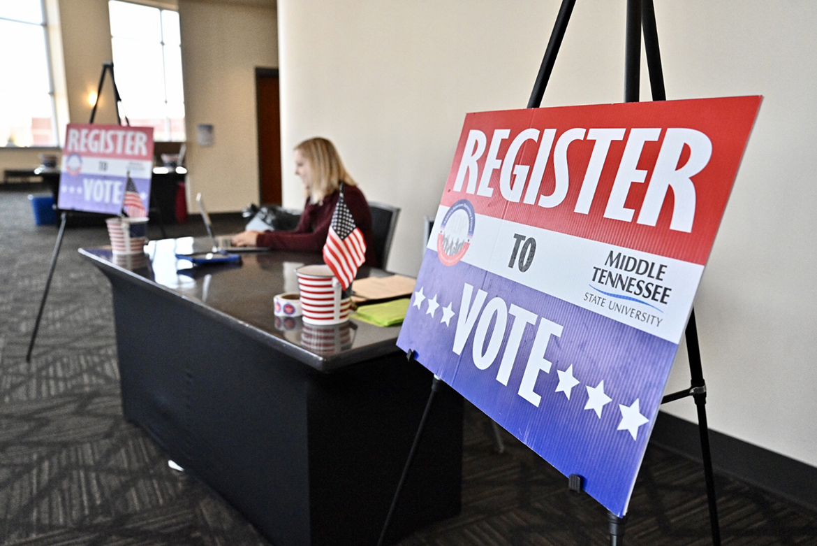 The MTSU chapter of the American Democracy Project staff a voter registration Friday, Feb. 21, as part of the Middle Tennessee Campus Civic Summit 2020 at the Student Union. (MTSU photo by J. Intintoli)