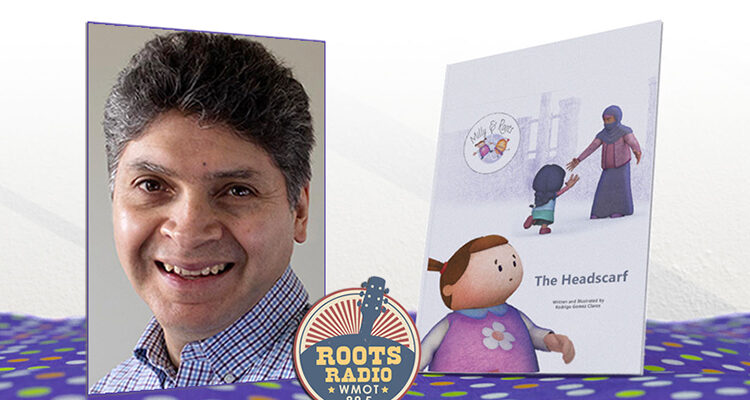 MTSU animation professor Rodrigo Gomez is shown with the cover of his new children’s book, “Milly & Roots: The Headscarf,” and the WMOT-FM Roots Radio 89.5 logo