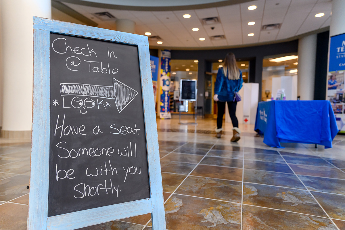 MTSU Student Health Services has implemented a triage area in the lobby of the Student Health Wellness and Recreation Center. Nurses will greet students, provide hand sanitizer, take their temperature and determine if upper respiratory issues might require the wearing of a mask. (MTSU photo by J. Intintoli)