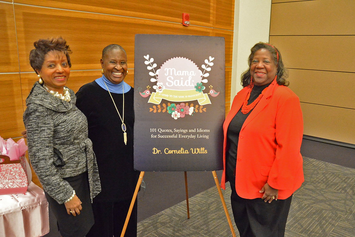 From left, MTSU Director of Student Success Cornelia Wills poses with MTSU Dean Emeritus Gloria Bonner and Trevor Hort on Wednesday, March 4, in the MTSU Student Union Ballroom after Wills’ “Mama Said: A Word to the Wise is Sufficient” book signing event. The event was part of MTSU’s National Women’s History Month celebration. (MTSU photo by Carl Coates Jr.)