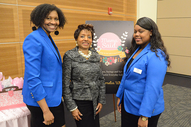 MTSU Director of Student Success Cornelia Wills, center, takes a photo with MTSU student ambassadors Jewel Wallace-McLeod, left, and Cassidy Lauderdale during Wills’ “Mama Said: A Word to the Wise is Sufficient” book signing event Wednesday, March 4, in the MTSU Student Union Ballroom. The event was part of MTSU’s National Women’s History Month celebration. (MTSU photo by Carl Coates Jr.)