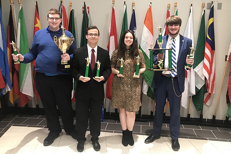 Members of the MTSU debate team pose with their awards March 1 at Arkansas Tech University’s debate tournament in Russellville, Ark. From left, Nick Ged, a sophomore psychology major from Smyrna, Tenn.; Graham Christophel, a sophomore international relations major from Morristown, Tenn.; Anastasia Ortiz, a sophomore double major in biochemistry and political science from Gatlinburg Tenn.; and Jonny Locke, a junior communication studies major from Talbott, Tenn. (Photo submitted)