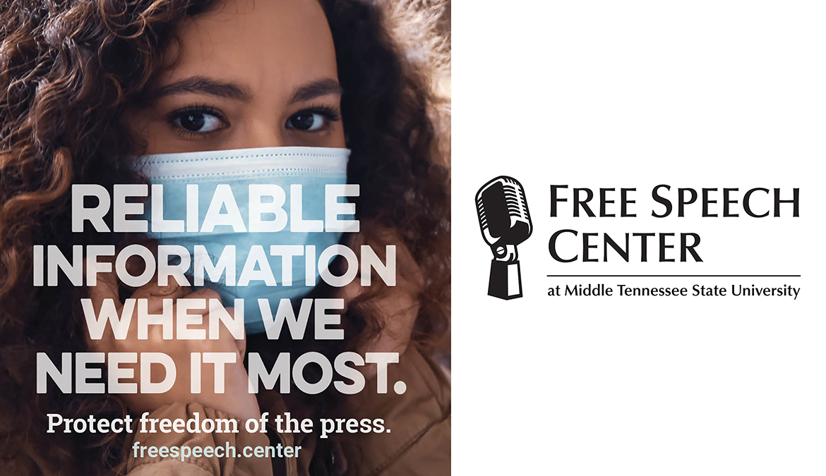 This ad from the Free Speech Center at Middle Tennessee State University, showing a woman wearing a protective mask with text reading “ with text reading 