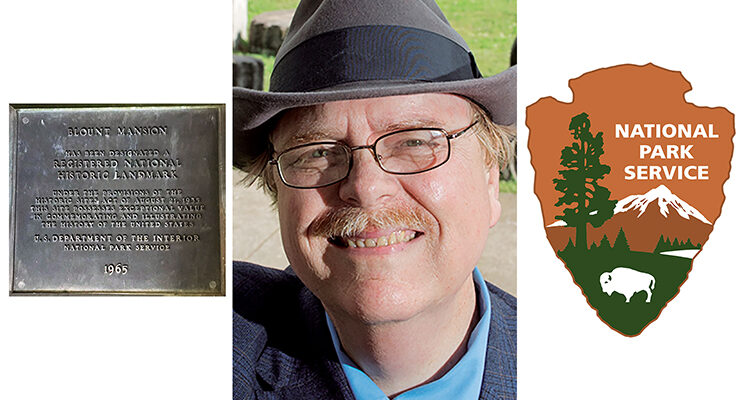 image of Tennessee State Historian Carroll Van West, MTSU history professor and director of the university's Center for Historic Preservation, center, with the Blount Mansion plaque designating it as a National Historic Landmark by the National Park Service. The park service logo is at right.
