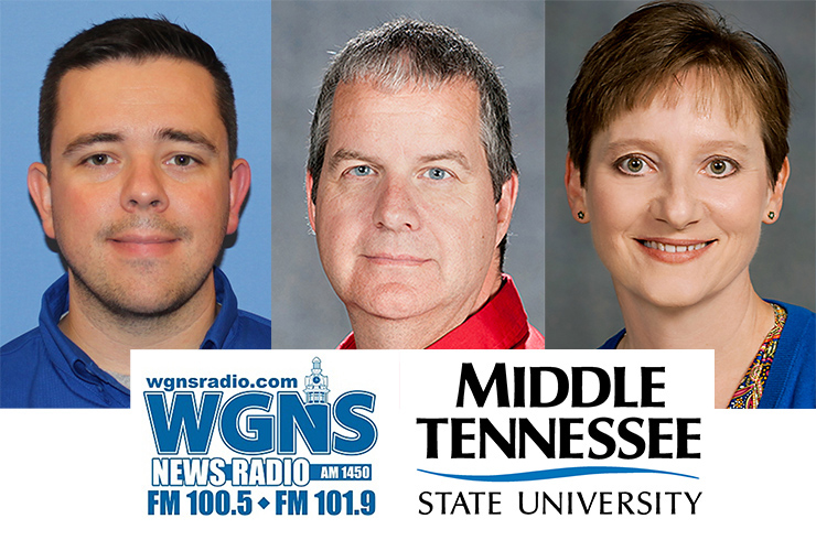 From left, Casey Brown, an advisor with the Dual Enrollment Program through the MTSU University College; Dr. Cliff Welborn, professor of supply chain management in the MTSU Jones College of Business; and Dr. Laurie Witherow, associate vice provost for Admissions & Enrollment Services, appeared May 18 on the WGNS Radio “Action Line” program with host and alumnus Bart Walker to discuss the latest happenings in their respective areas. (MTSU photo illustration)