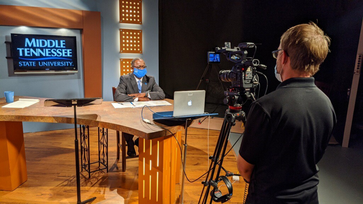 MTSU President Sidney A. McPhee prepares to be interviewed by C-SPAN Friday, July 17, via satellite from the Center for Educational Media studios inside the McWherter Learning Resource Center. (MTSU photo by John Goodwin)