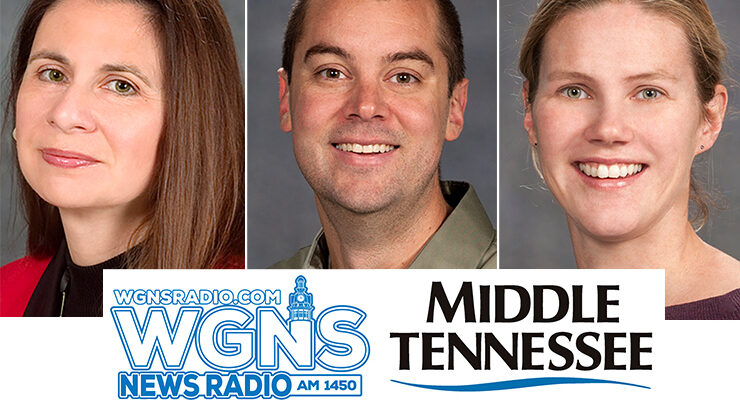 From left, Dr. Jackie Gilbert, management professor in the Jones College of Business; Dr. Ryan Otter, biology professor and co-director of the MTSU Data Science Institute; and Dr. Katie Foss, professor of media studies in the School of Journalism and Strategic Media, were interviewed by phone for the Monday, July 20, WGNS Radio “Action Line” program with host Scott Walker. (MTSU photo illustration by Jimmy Hart)