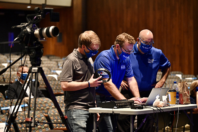 MTSU Marketing and Communications staff prepare to livestream the first Virtual Fall Faculty Meeting filmed Thursday, Aug. 20, inside Tucker Theatre and featuring university President Sidney A. McPhee’s State of the University address. (MTSU photo by J. Intintoli)