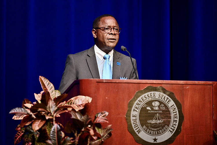 MTSU President Sidney A. McPhee gives his State of the University address on Thursday, Aug. 20, from a mostly empty Tucker Theatre as part of the first Virtual Fall Faculty Meeting, which was livestreamed on True Blue TV and other university social media channels. The event, which officially kicks off the new academic year, was held virtually as a precaution in light of the ongoing coronavirus pandemic. (MTSU photo by J. Intintoli)