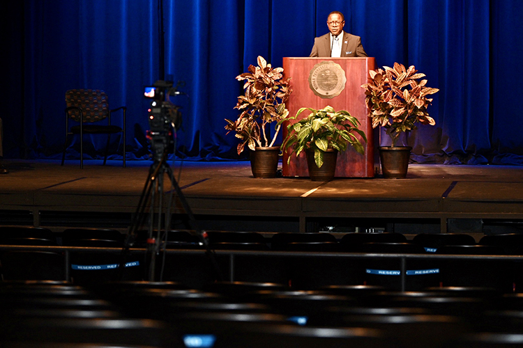 MTSU President Sidney A. McPhee gives his State of the University address on Thursday, Aug. 20, from a mostly empty Tucker Theatre as part of the first Virtual Fall Faculty Meeting, which was livestreamed on True Blue TV and other university social media channels. The event, which officially kicks off the new academic year, was held virtually as a precaution in light of the ongoing coronavirus pandemic. (MTSU photo by J. Intintoli)