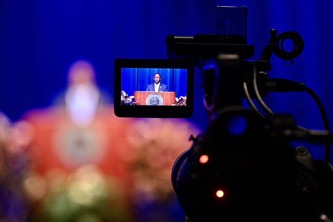 MTSU President Sidney A. McPhee is shown through the video view finder as he gives his State of the University address on Thursday, Aug. 20, from Tucker Theatre as part of the first Virtual Fall Faculty Meeting, which was livestreamed on True Blue TV and other university social media channels. The event, which officially kicks off the new academic year, was held virtually as a precaution in light of the ongoing coronavirus pandemic. (MTSU photo by J. Intintoli)