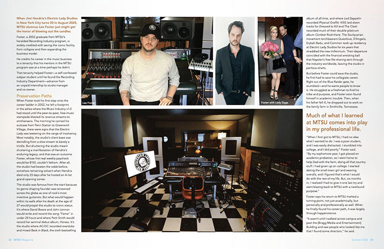 This screen capture from the electronic pdf edition of the latest MTSU Magazine shows one of the main feature stories, a profile of 2002 Recording Industry alumnus Lee Foster.