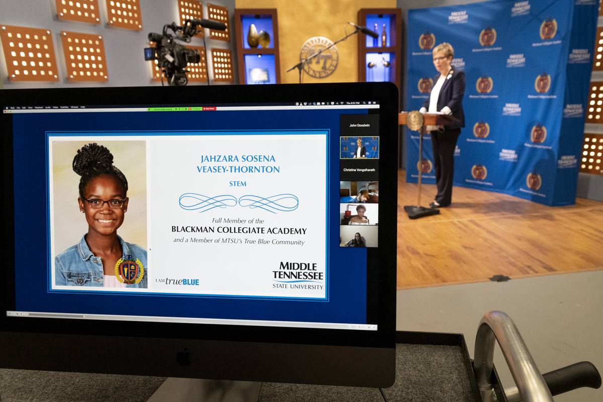 Blackman High School Principal Leisa Justus reads the name of sophomore Jahzara Sosena Veasey-Thornton during the virtual Blackman Collegiate Academy Pinning Ceremony broadcast via True Blue TV and Livestream Thursday, Sept. 24, from LRC Studio A. (MTSU photo by Kimi Conro)
