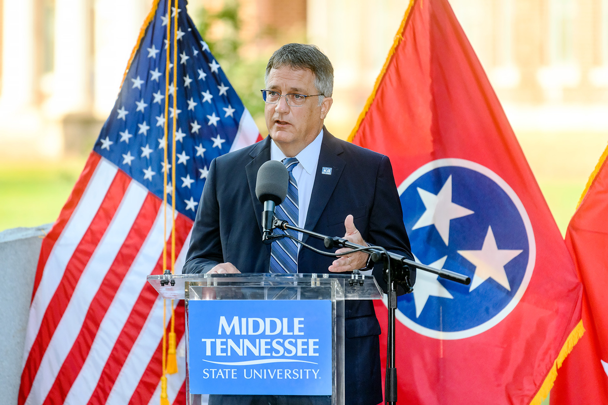 MTSU Provost Mark Byrnes recalled teaching a “politics and film” night class in Peck Hall on Sept. 11, 2001. They watched “Mrs. Miniver,” a 1942 U.S.-produced war film. “The lessons from that movie are that politics matters, perseverance and the critical role of service to others and sacrifice,” he said. (MTSU photo by J. Intintoli)