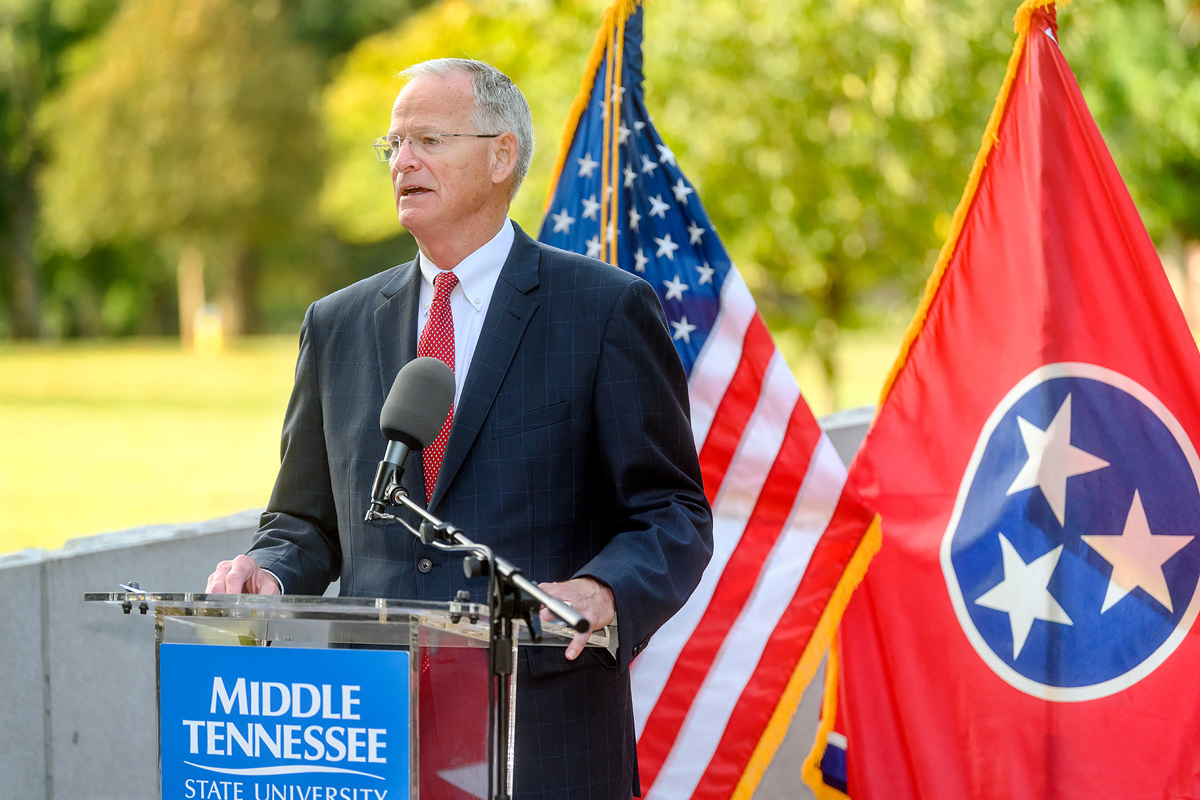 MTSU 9/11 Remembrance guest speaker Doug Kreulen recalls details of being in the Pentagon on Sept 11, 2001. The decorated and retired U.S. Air Force colonel told the audience, viewing virtually, to “continue investing in your employees, planning for the future and be prepared for what life has in store for us.” He is president and CEO of the Metropolitan Nashville Airport Authority. (MTSU photo by J. Intintoli)
