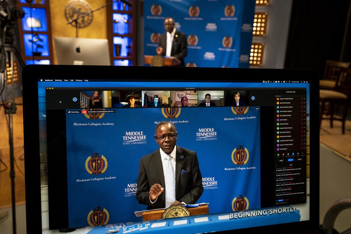 MTSU President Sidney A. McPhee welcomes and congratulates Blackman Collegiate Academy students and their families during the True Blue TV Livestream broadcast of the pinning ceremony from LRC Studio A Thursday, Sept. 24. The Blackman High students participated via Zoom. (MTSU photo by Kimi Conro)