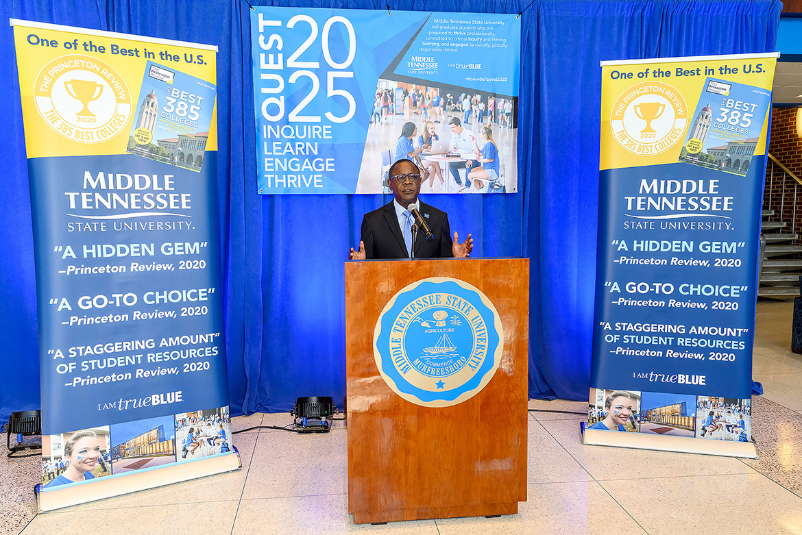 MTSU President Sidney A. McPhee discusses the goals of the Quest 2025 initiative announced via livestream Wednesday, Oct. 21, from the lobby of the Cope Administration Building. (MTSU photo by J. Intintoli)
