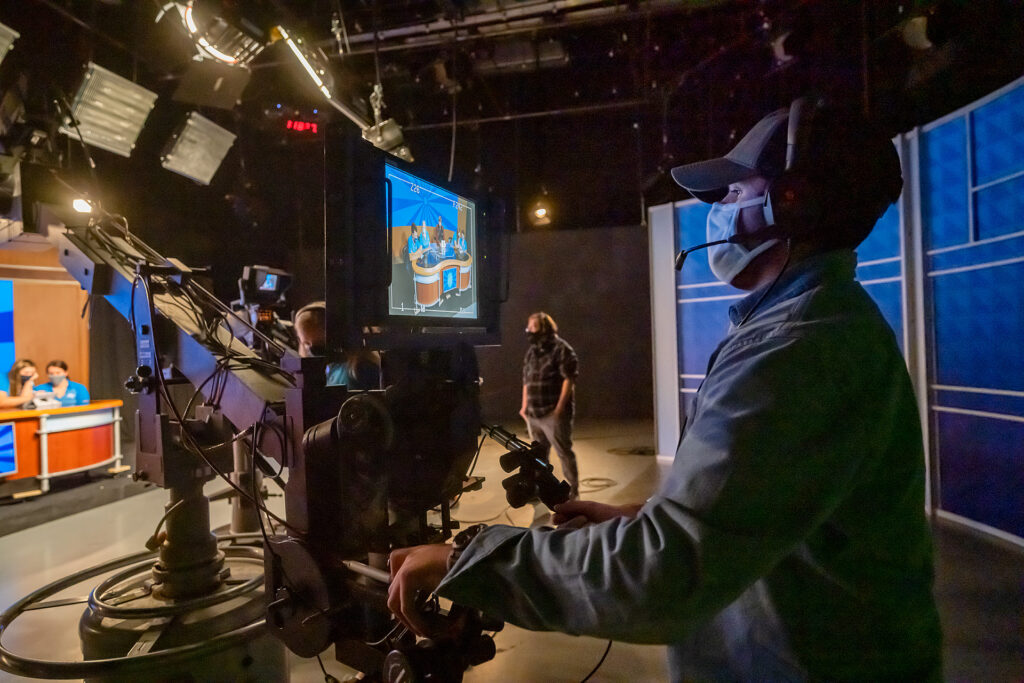 MTSU Department of Media Arts professor Robert "Bob" Gordon Jr.'s students produce one of six episodes of their game show "Don't @ Me" in Studio 1 of the Bragg Media and Entertainment Building. (MTSU photo by Andy Heidt)