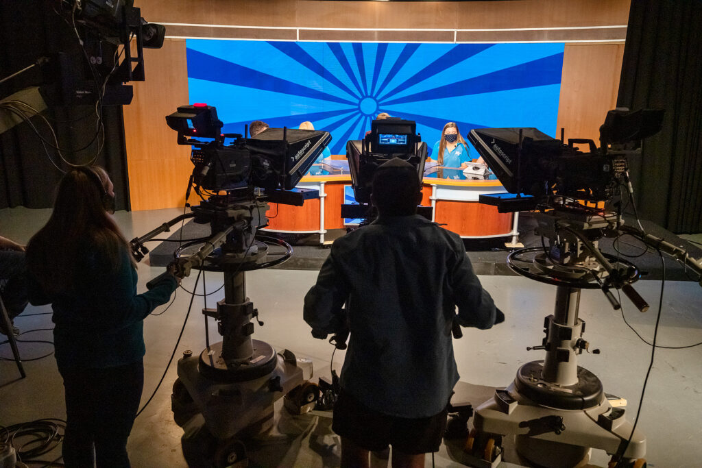 MTSU Department of Media Arts professor Robert "Bob" Gordon Jr.'s students produce one of six episodes of their game show "Don't @ Me" in Studio 1 of the Bragg Media and Entertainment Building. (MTSU photo by Andy Heidt)