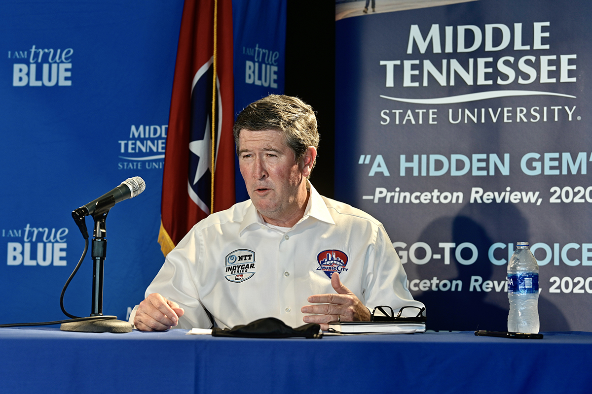 Music City Grand Prix CEO Matt Crews, a former Jones College of Business student and Blue Raider football player, said he’s thrilled to see concrete, an innovative academic program from his alma mater, benefit from the exposure. MTSU’s Concrete Industry Management program is one of the best in the nation. (MTSU photo by Andy Heidt)