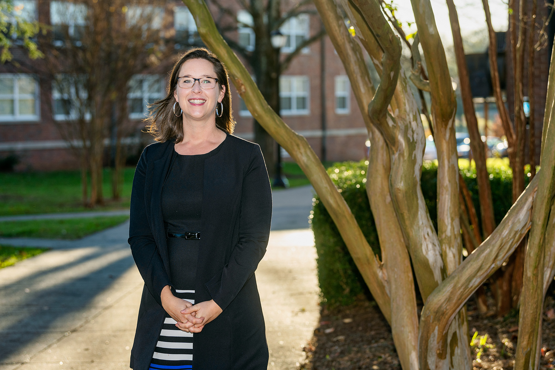 Jenna Gray-Hildenbrand, Philosophy and Religious Studies faculty, in Walnut Grove for her faculty profile. (Photo: Andy Heidt)
